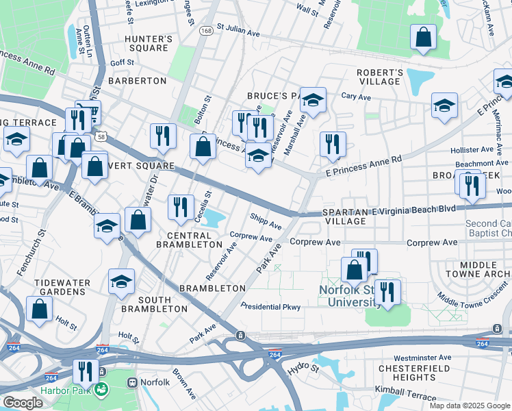 map of restaurants, bars, coffee shops, grocery stores, and more near 1405 East Virginia Beach Boulevard in Norfolk