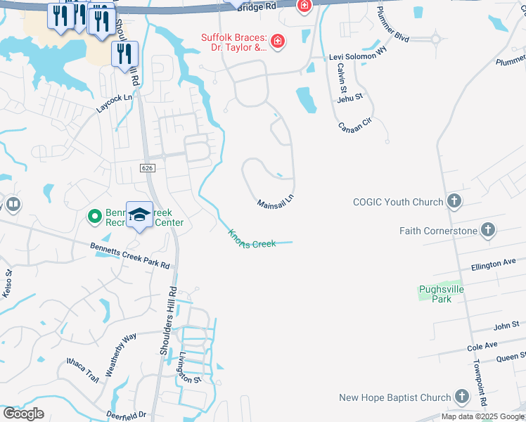 map of restaurants, bars, coffee shops, grocery stores, and more near 6051 Mainsail Lane in Suffolk
