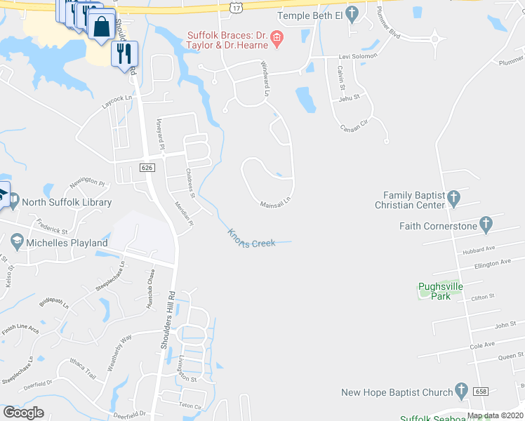 map of restaurants, bars, coffee shops, grocery stores, and more near 6051 Mainsail Lane in Suffolk