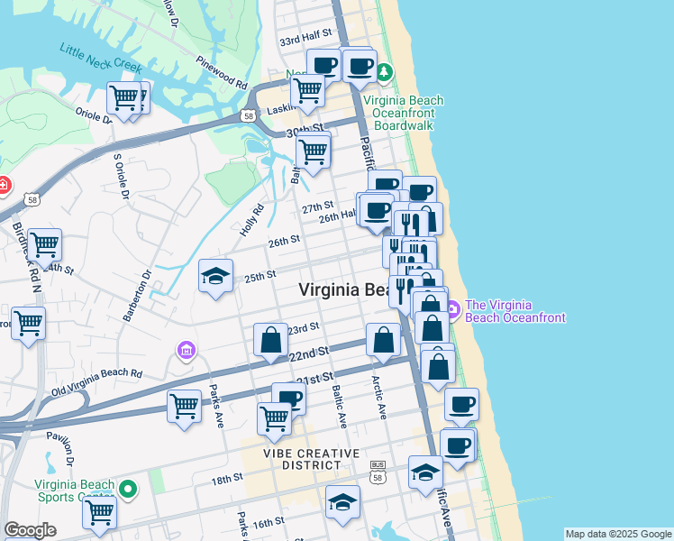map of restaurants, bars, coffee shops, grocery stores, and more near in Virginia Beach