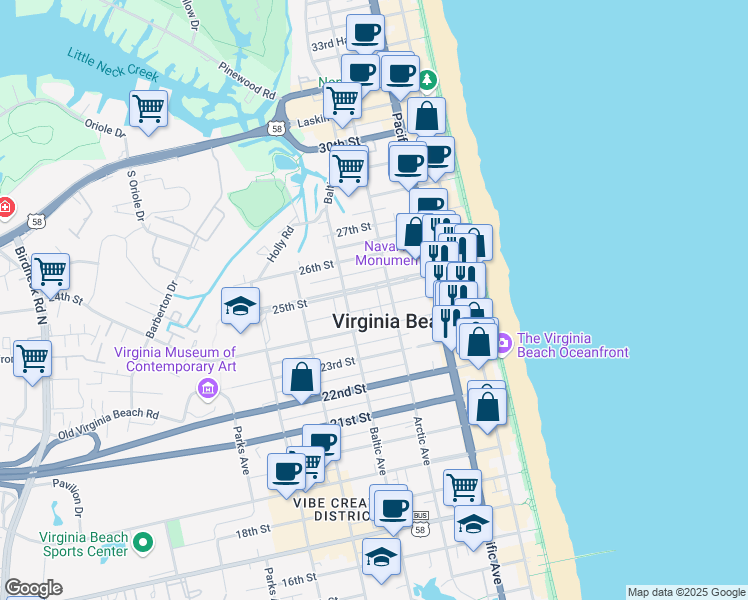 map of restaurants, bars, coffee shops, grocery stores, and more near 410 25th Street in Virginia Beach