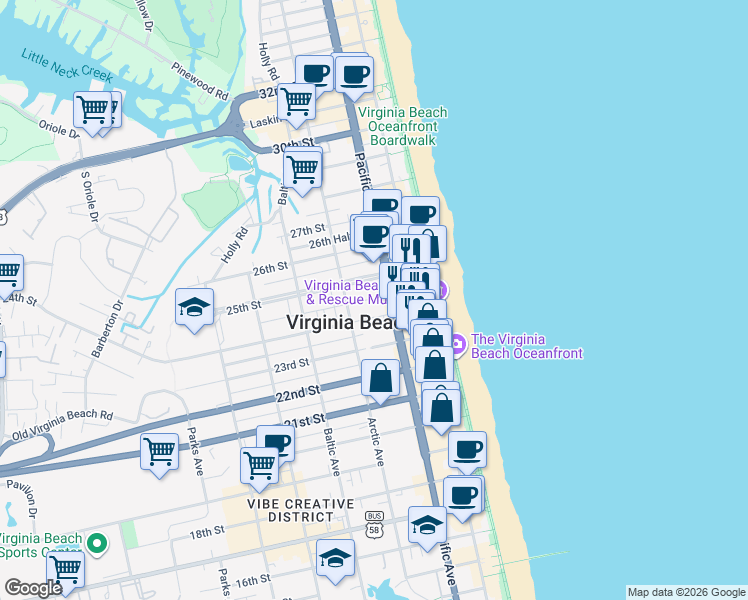 map of restaurants, bars, coffee shops, grocery stores, and more near 309 24th Street in Virginia Beach