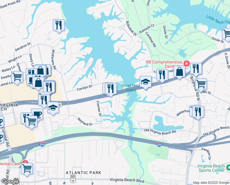map of restaurants, bars, coffee shops, grocery stores, and more near 1353 Laskin Road in Virginia Beach