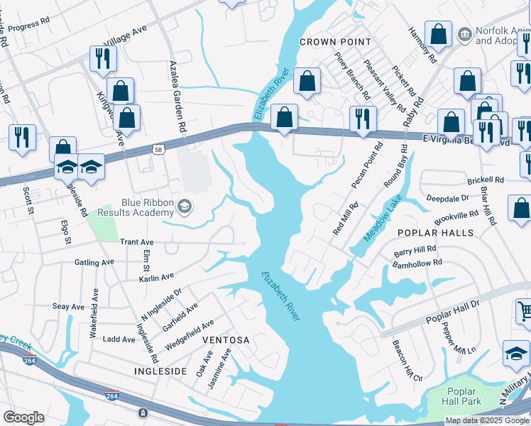 map of restaurants, bars, coffee shops, grocery stores, and more near 901 Anna Street in Norfolk