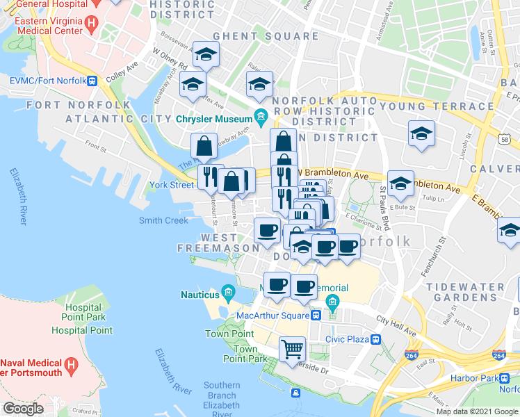 map of restaurants, bars, coffee shops, grocery stores, and more near 250 West Freemason Street in Norfolk