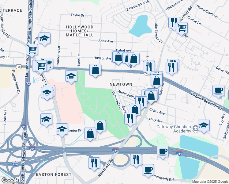 map of restaurants, bars, coffee shops, grocery stores, and more near 6537 Stoney Point South in Norfolk