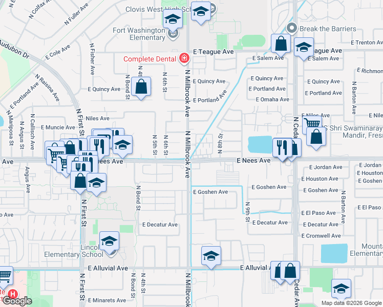 map of restaurants, bars, coffee shops, grocery stores, and more near in Fresno