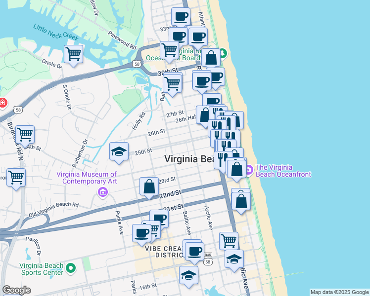 map of restaurants, bars, coffee shops, grocery stores, and more near in Virginia Beach