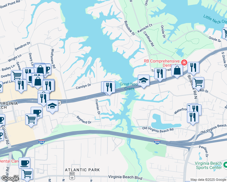 map of restaurants, bars, coffee shops, grocery stores, and more near 1353 Laskin Road in Virginia Beach