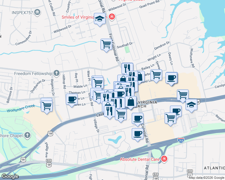 map of restaurants, bars, coffee shops, grocery stores, and more near 1888 Chantilly Court in Virginia Beach