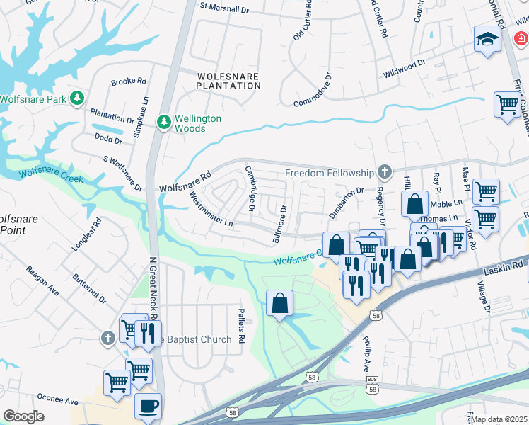 map of restaurants, bars, coffee shops, grocery stores, and more near 707 Tilden Place in Virginia Beach