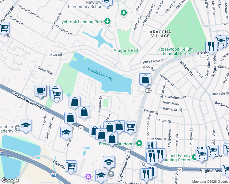 map of restaurants, bars, coffee shops, grocery stores, and more near 509 Babney Court in Virginia Beach