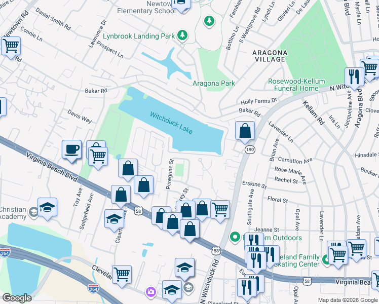 map of restaurants, bars, coffee shops, grocery stores, and more near 528 Peregrine Street in Virginia Beach