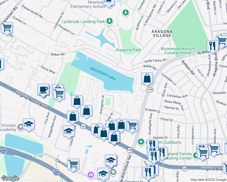map of restaurants, bars, coffee shops, grocery stores, and more near 528 Peregrine Street in Virginia Beach
