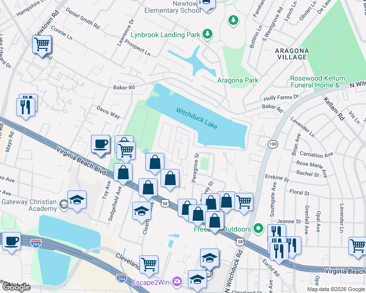 map of restaurants, bars, coffee shops, grocery stores, and more near 424 Adkins Arch in Virginia Beach