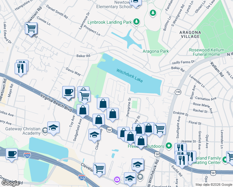 map of restaurants, bars, coffee shops, grocery stores, and more near 424 Adkins Arch in Virginia Beach