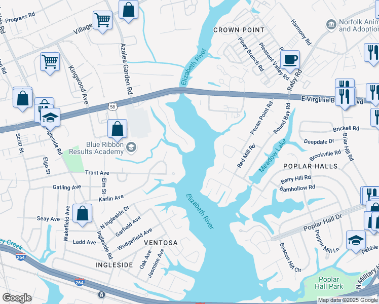 map of restaurants, bars, coffee shops, grocery stores, and more near 901 Anna Street in Norfolk