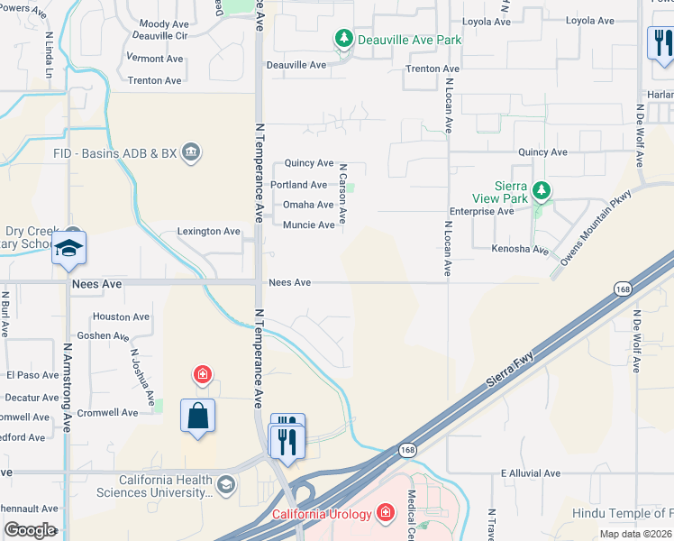 map of restaurants, bars, coffee shops, grocery stores, and more near 2763 Nees Avenue in Clovis
