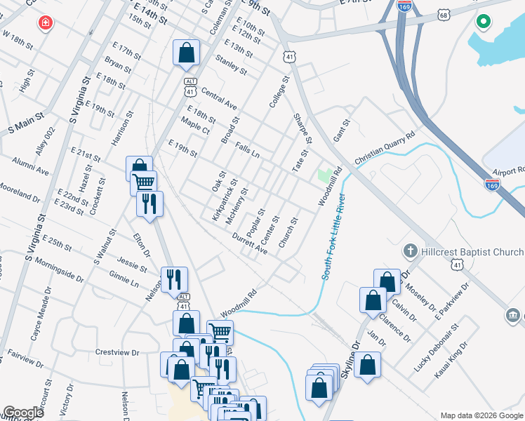 map of restaurants, bars, coffee shops, grocery stores, and more near Poplar Street in Hopkinsville