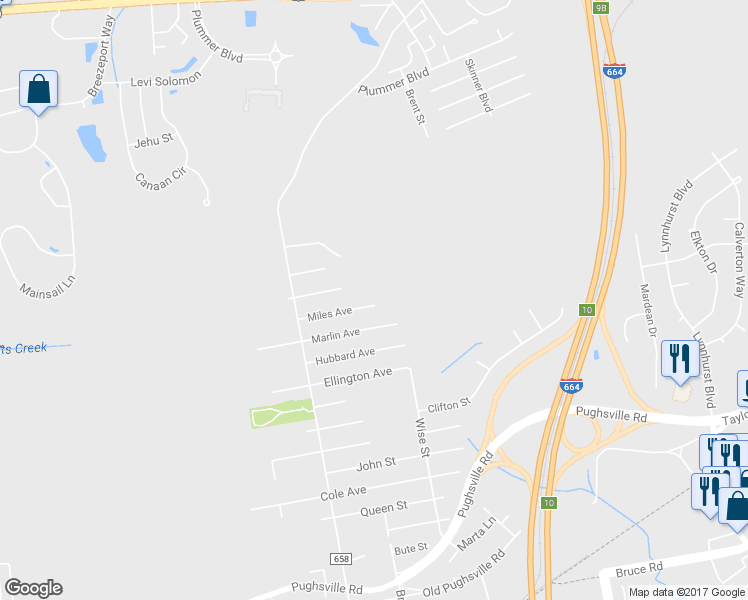 map of restaurants, bars, coffee shops, grocery stores, and more near 4520 Miles Avenue in Suffolk
