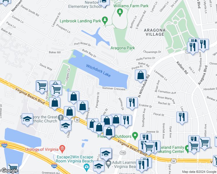 map of restaurants, bars, coffee shops, grocery stores, and more near 5440 Summer Crescent in Virginia Beach