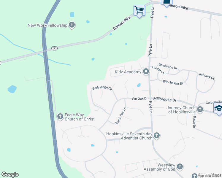 map of restaurants, bars, coffee shops, grocery stores, and more near 1775 Bark Ridge Circle in Hopkinsville