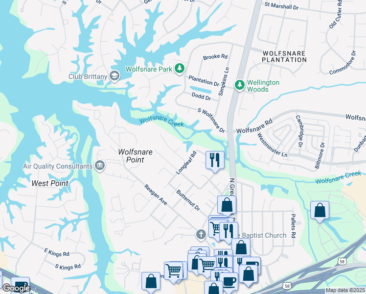 map of restaurants, bars, coffee shops, grocery stores, and more near 2512 Torrey Place in Virginia Beach