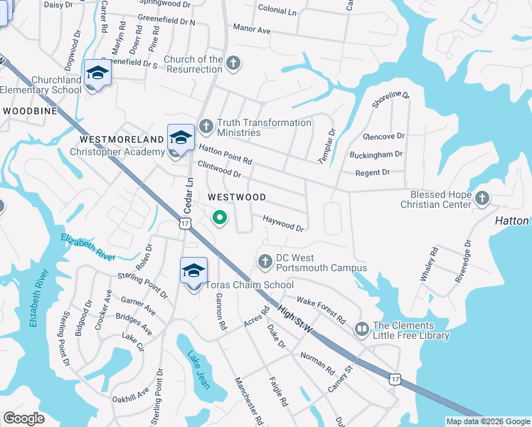 map of restaurants, bars, coffee shops, grocery stores, and more near 4725 Haywood Drive in Portsmouth