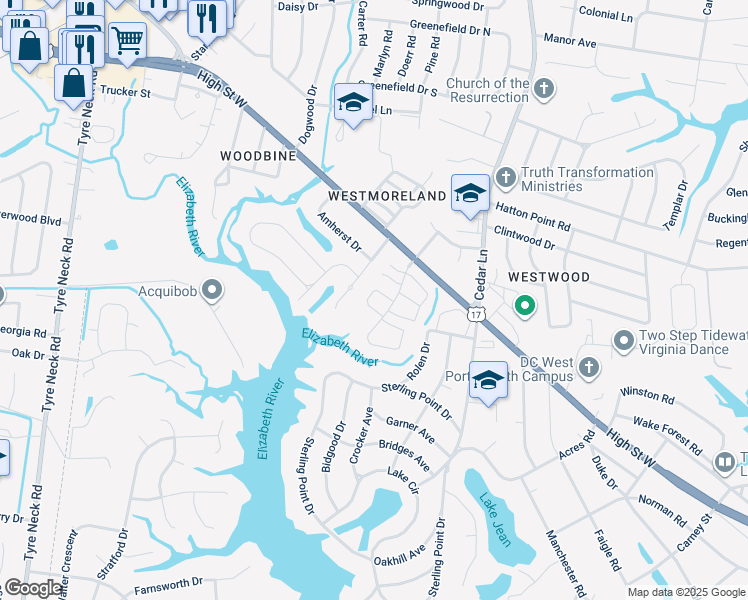 map of restaurants, bars, coffee shops, grocery stores, and more near 5131 Castle Way in Portsmouth