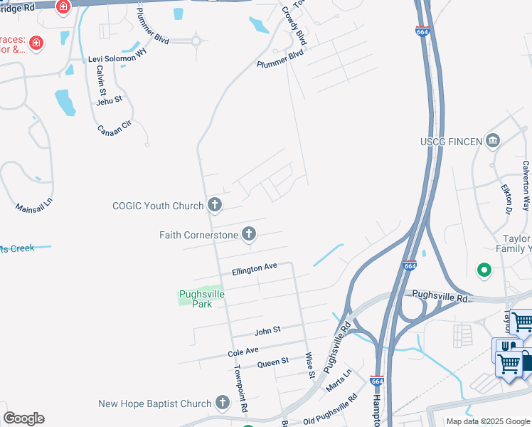 map of restaurants, bars, coffee shops, grocery stores, and more near 4520 Miles Avenue in Suffolk