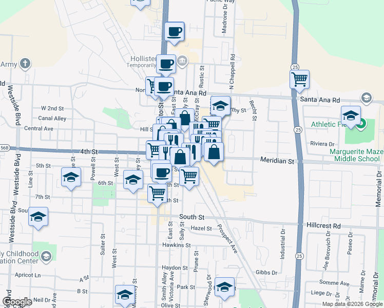 map of restaurants, bars, coffee shops, grocery stores, and more near 41 4th Street in Hollister