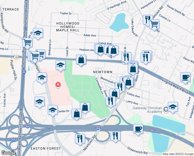 map of restaurants, bars, coffee shops, grocery stores, and more near 6535 Stoney Point South in Norfolk