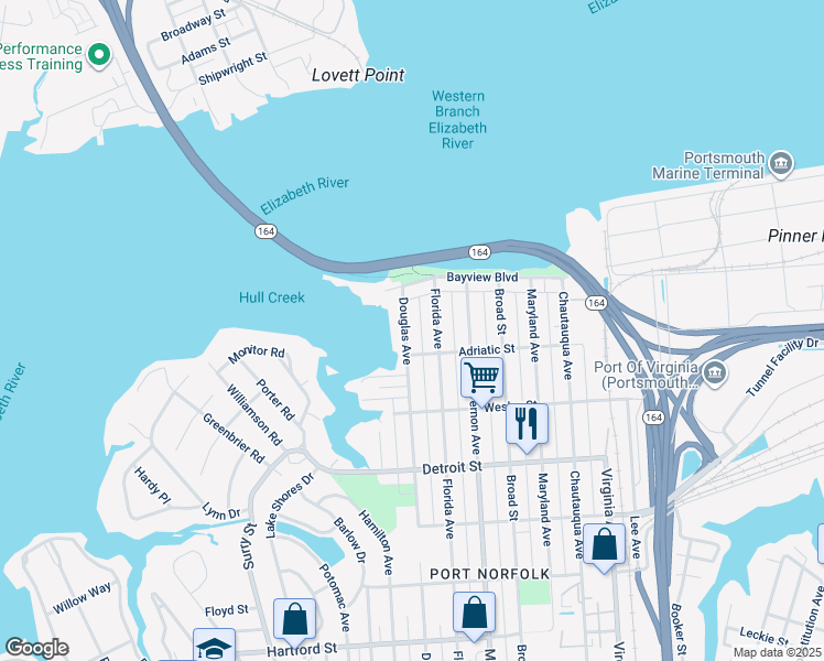 map of restaurants, bars, coffee shops, grocery stores, and more near 139 Douglas Avenue in Portsmouth