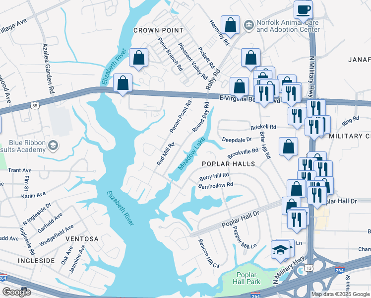 map of restaurants, bars, coffee shops, grocery stores, and more near 800 Round Bay Road in Norfolk