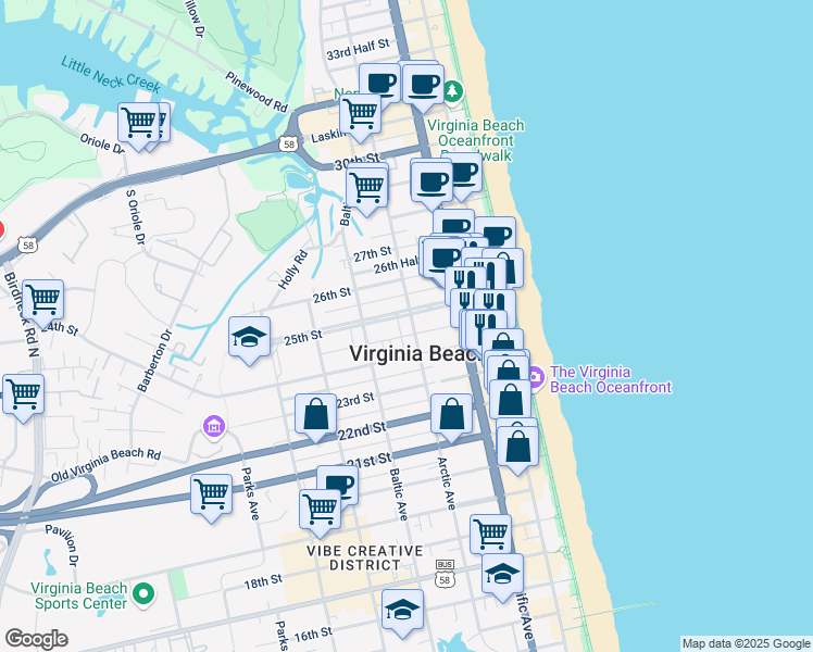 map of restaurants, bars, coffee shops, grocery stores, and more near in Virginia Beach