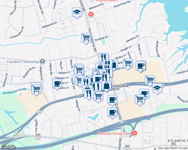 map of restaurants, bars, coffee shops, grocery stores, and more near 1885 Chantilly Court in Virginia Beach