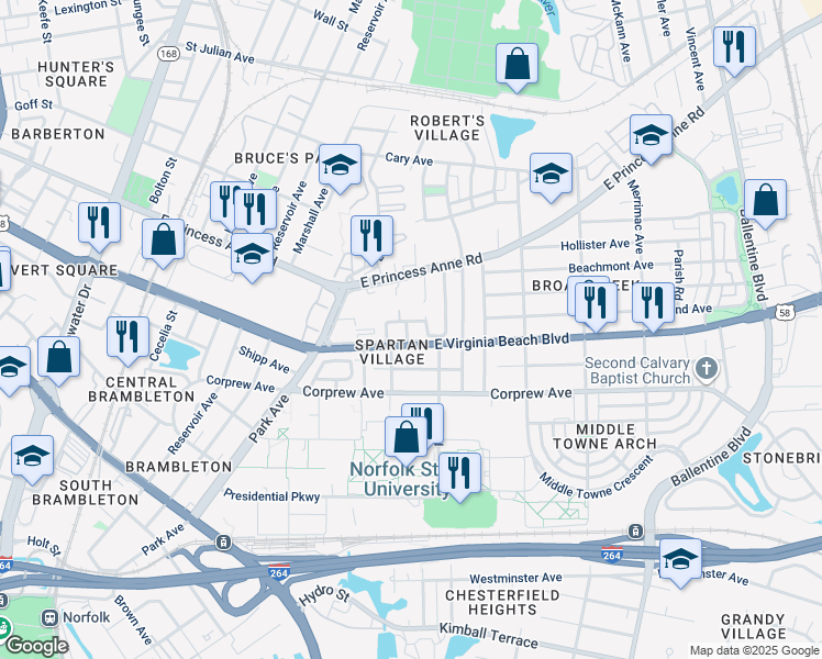 map of restaurants, bars, coffee shops, grocery stores, and more near 1008 Bowe Place in Norfolk
