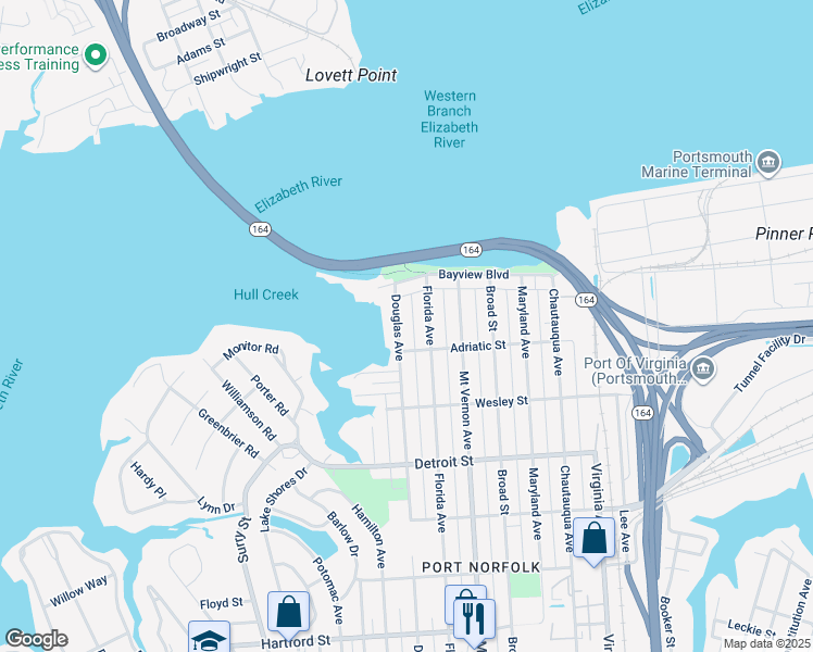 map of restaurants, bars, coffee shops, grocery stores, and more near 139 Douglas Avenue in Portsmouth