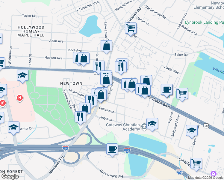 map of restaurants, bars, coffee shops, grocery stores, and more near 263 Mayo Road in Virginia Beach
