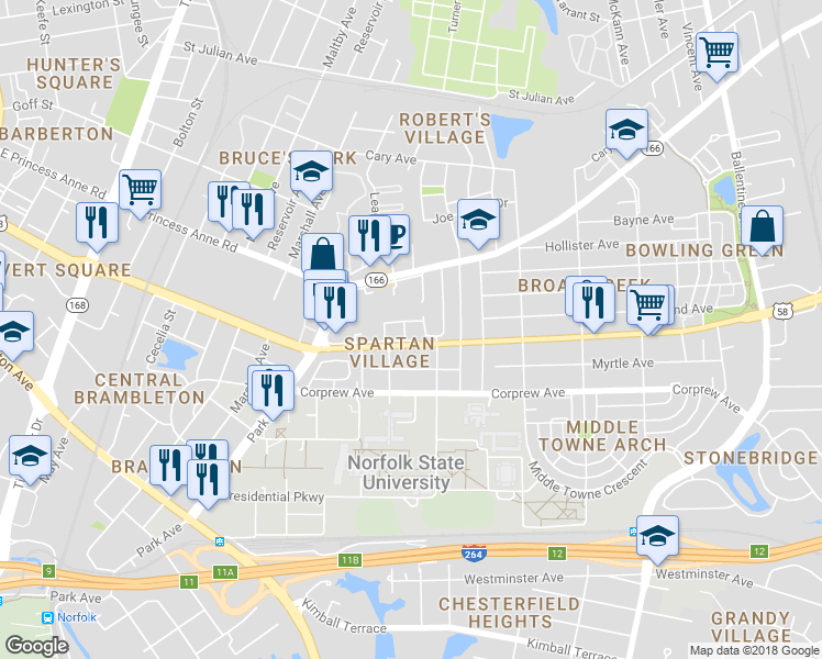 map of restaurants, bars, coffee shops, grocery stores, and more near 1008 Bowe Place in Norfolk