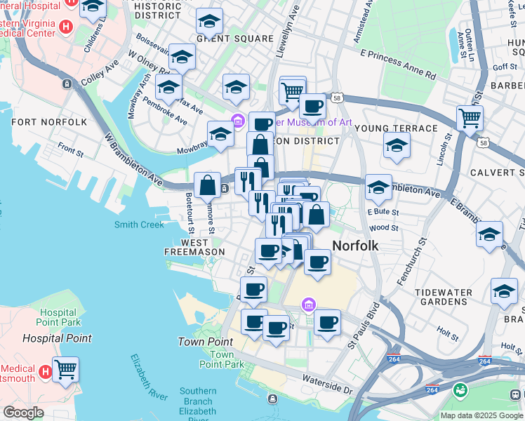 map of restaurants, bars, coffee shops, grocery stores, and more near 221 West Bute Street in Norfolk