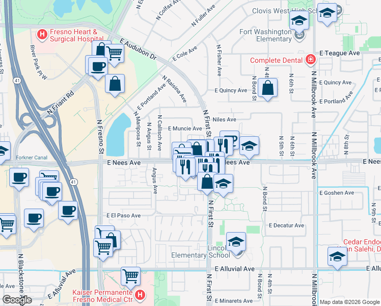 map of restaurants, bars, coffee shops, grocery stores, and more near 512 East Nees Avenue in Fresno