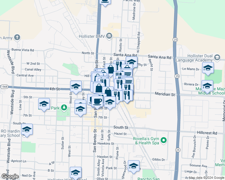 map of restaurants, bars, coffee shops, grocery stores, and more near 41 4th Street in Hollister