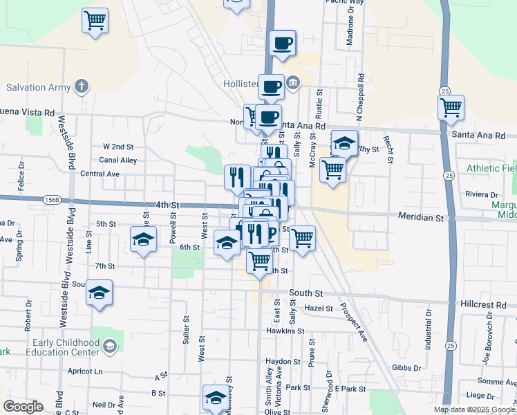 map of restaurants, bars, coffee shops, grocery stores, and more near in Hollister