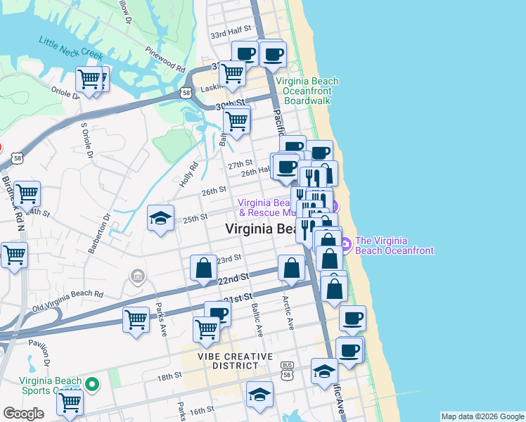 map of restaurants, bars, coffee shops, grocery stores, and more near in Virginia Beach