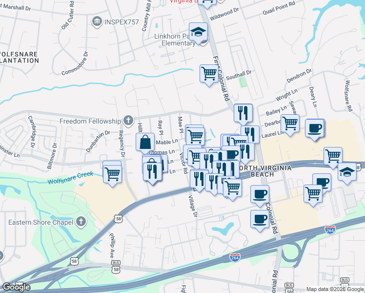 map of restaurants, bars, coffee shops, grocery stores, and more near 740 Victor Road in Virginia Beach