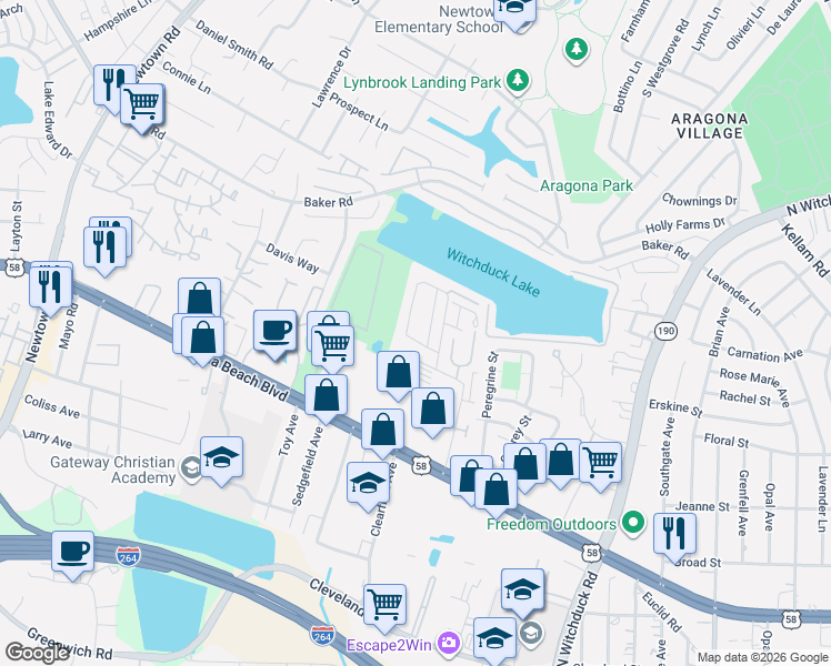 map of restaurants, bars, coffee shops, grocery stores, and more near 5329 Grand Lake Crescent in Virginia Beach