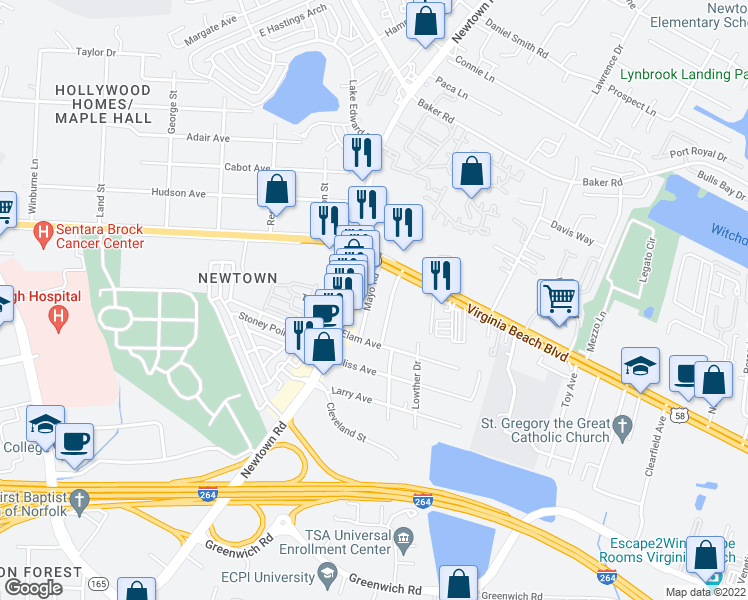 map of restaurants, bars, coffee shops, grocery stores, and more near 263 Mayo Road in Virginia Beach