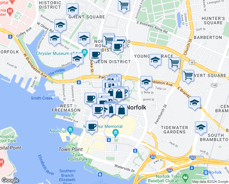 map of restaurants, bars, coffee shops, grocery stores, and more near 435 Monticello Avenue in Norfolk