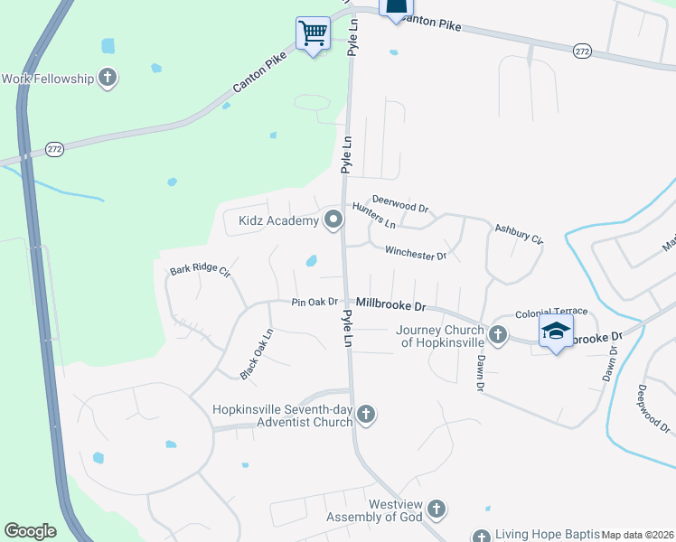 map of restaurants, bars, coffee shops, grocery stores, and more near 1000-1042 Pin Oak Dr in Hopkinsville